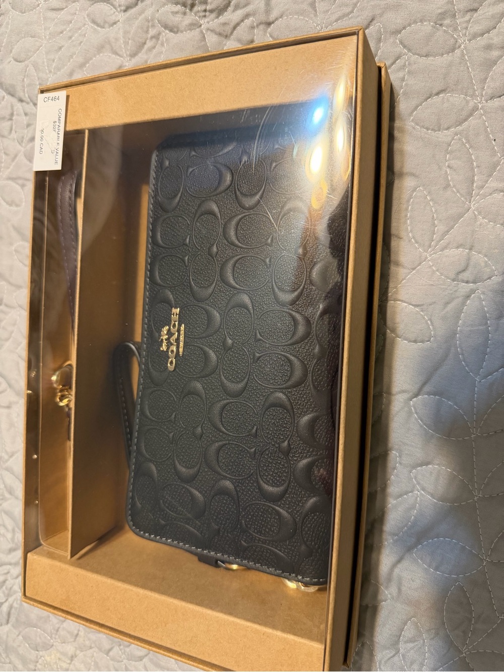Coach Black Embossed Signature Leather Wristlet with Gold Logo Accent